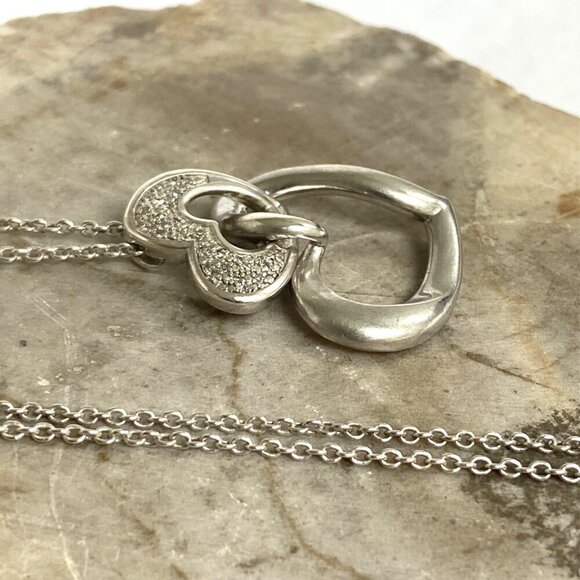 Sterling Silver 925 HOB Double Open Heart Pave Diamond Necklace 19.5" Chain - Picture 12 of 16